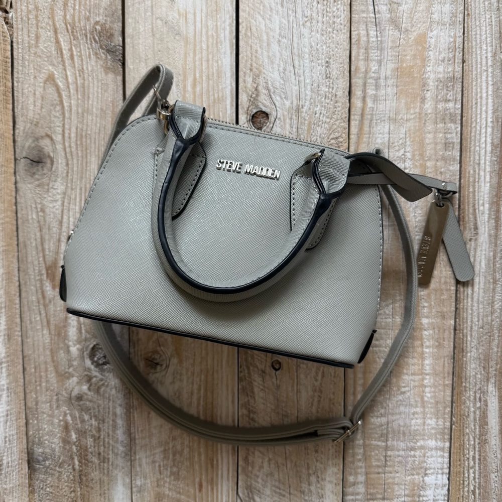 Grey Structured Faux Leather Contrast Seam Shoulder + Handbag w/ Charm